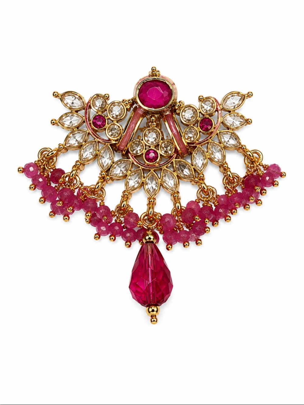 Ornate Fuchsia Pink Crystal & Gold-Tone Statement Pendant with Beaded Dangles
